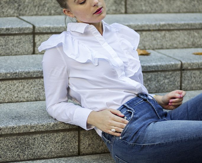 white button-up blouse